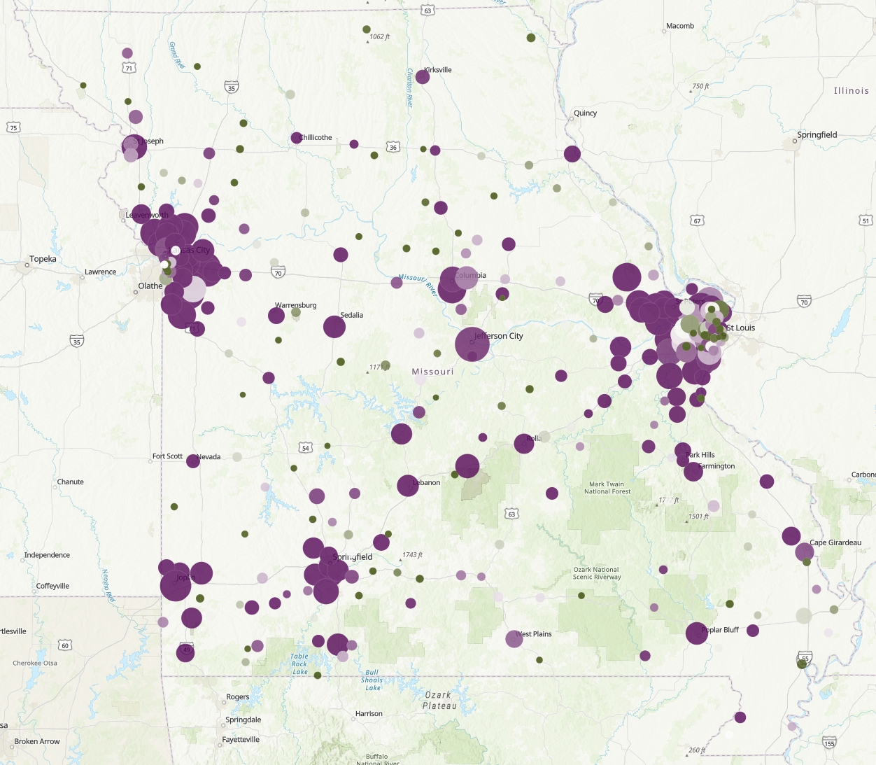 Missouri Public High Schools - Students per Teacher (2019)